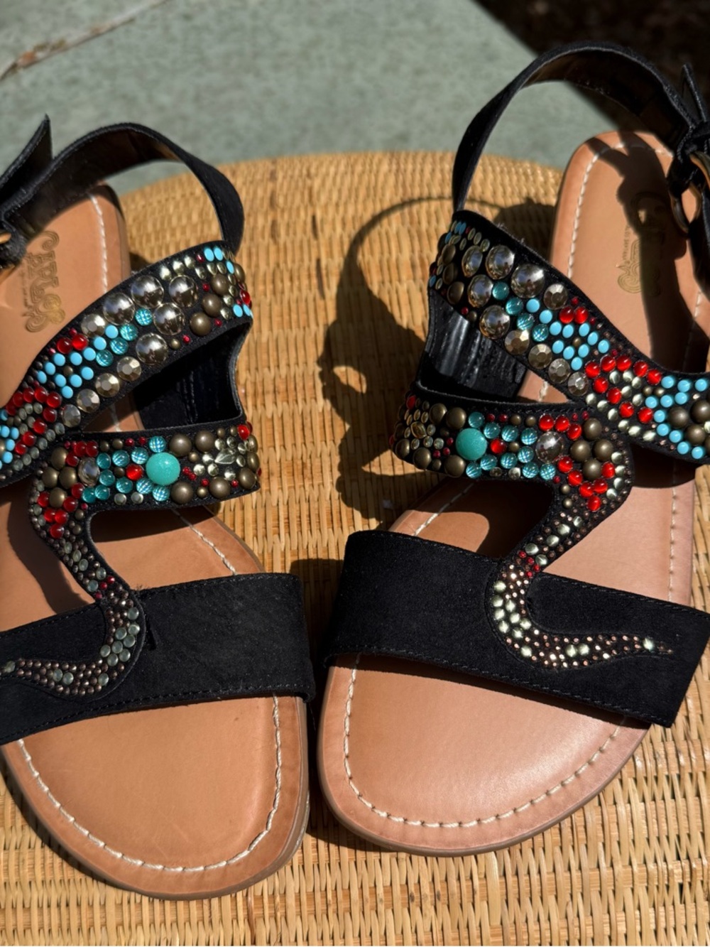 Carlos Santana Women's Sandals Black Turquoise Gold and Red beaded Boho Like New - Picture 4 of 9